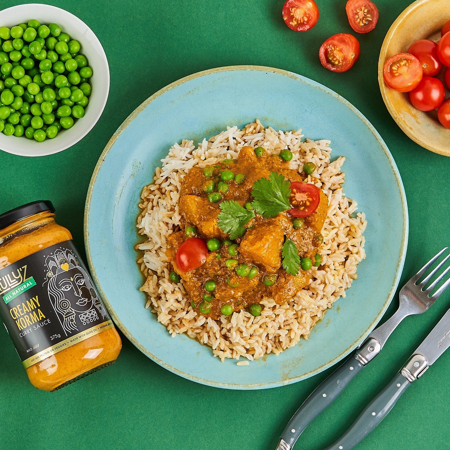 Creamy korma curry served with pumpkin, peas, and fresh coriander.